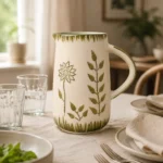 Handpainted ceramic water jug styled on a modern dining table with matching tableware