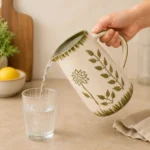 Handmade ceramic water jug pouring water smoothly through its precision spout