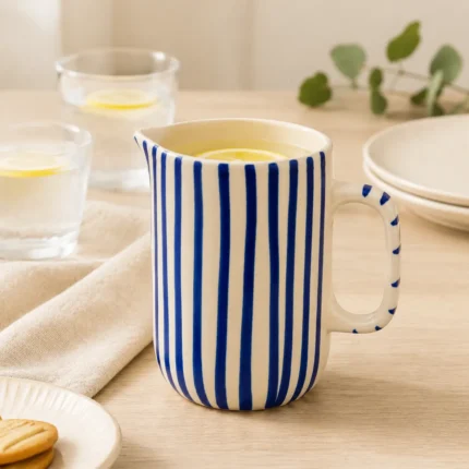 Blue striped ceramic mini jug styled on a breakfast table with food