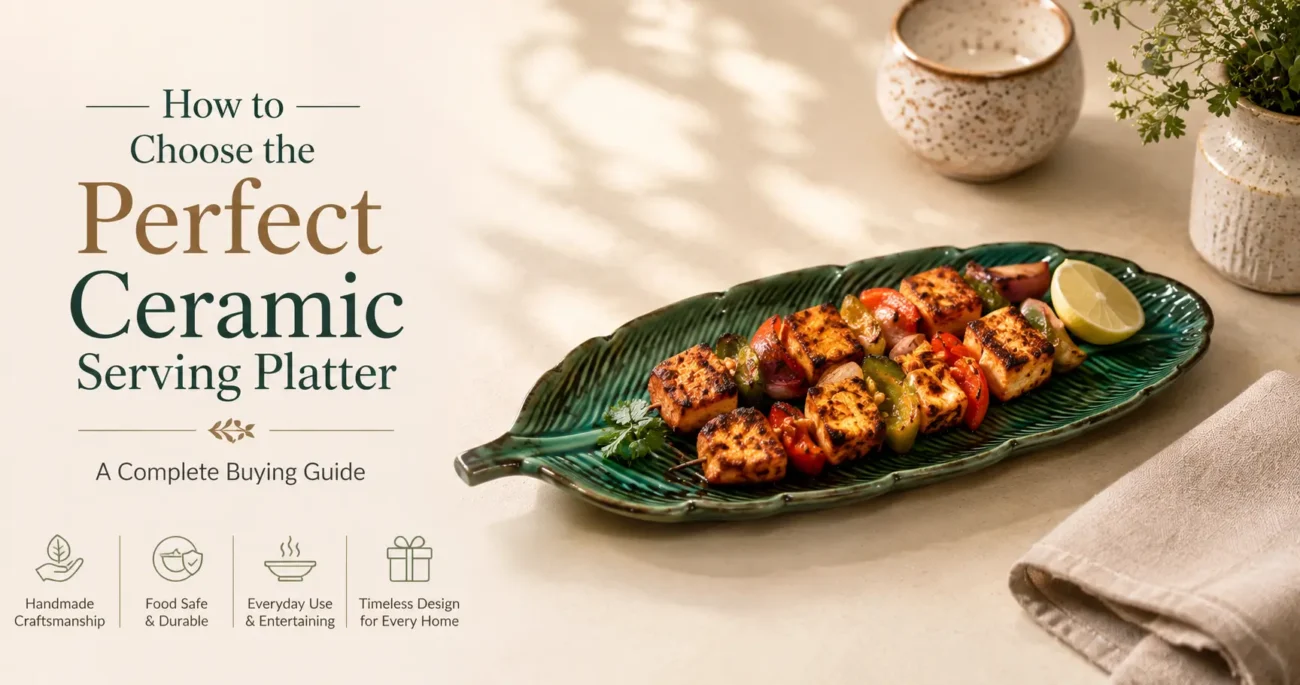 Handmade green leaf ceramic serving platter with sizzling paneer tikka on a modern dining table for everyday dining and entertaining.