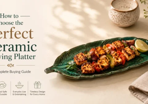 Handmade green leaf ceramic serving platter with sizzling paneer tikka on a modern dining table for everyday dining and entertaining.