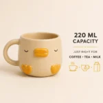 Duck ceramic mug infographic showing 3D duck design, handcrafted ceramic, 220 ml size and gifting use