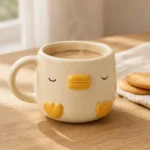 Cute ceramic duck mug filled with a hot beverage and styled with biscuits on a wooden table