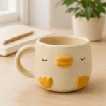 Cute ceramic duck mug styled on a bright work desk beside a notebook and plant