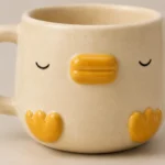 Close-up of raised yellow beak and feet detailing on cream ceramic duck mug