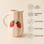 Infographic showing the key features of a handmade ceramic water jug including 1 litre capacity, food-safe ceramic, handcrafted design, microwave safe and easy pouring