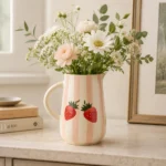 Handmade ceramic jug with pink stripes and strawberry design used as a decorative flower vase