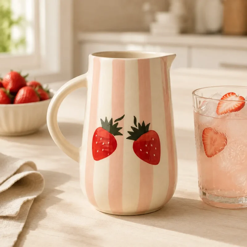 Handmade ceramic water jug serving fresh juice on a modern dining table