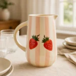 Handpainted ceramic water jug styled on a modern dining table with matching tableware