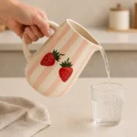 Handmade ceramic water jug pouring water smoothly through its precision spout