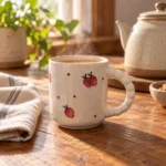 Hand-painted pomegranate ceramic mug 220 ml styled with chai in a warm kitchen setting