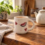 Hand-painted Watermelon Splash ceramic mug styled with chai in a warm kitchen setting
