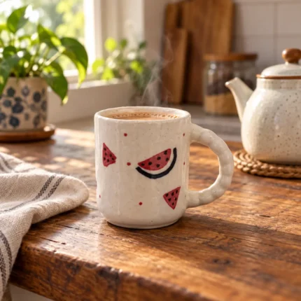 Hand-painted Watermelon Splash ceramic mug styled with chai in a warm kitchen setting