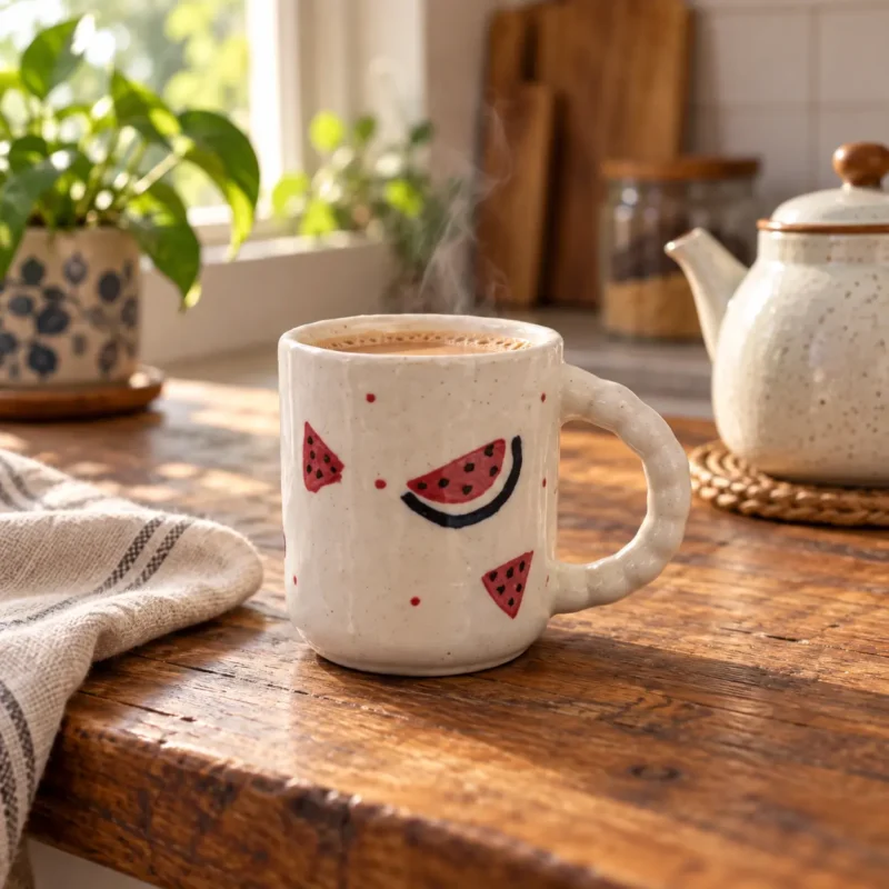 Hand-painted Watermelon Splash ceramic mug styled with chai in a warm kitchen setting