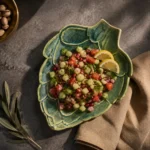 Green artichoke ceramic platter used for serving fresh salad on a dining table