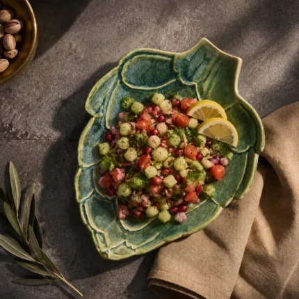 Green artichoke ceramic platter used for serving fresh salad on a dining table