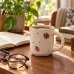 Pomegranate ceramic coffee mug 220 ml in a cosy reading and coffee setting