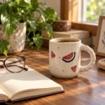 Watermelon ceramic coffee mug in a relaxed reading setting showing everyday use