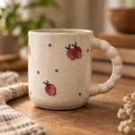 Close-up of hand-painted pomegranate ceramic mug showing glaze and motif details