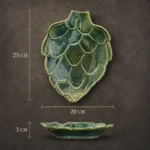 Green artichoke ceramic serving platter dimensions showing 25 by 20 by 3 cm size