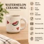 Watermelon ceramic mug product features showing handcrafted design and everyday care information