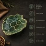 Green artichoke ceramic serving platter features including food safe, microwave safe and dishwasher safe