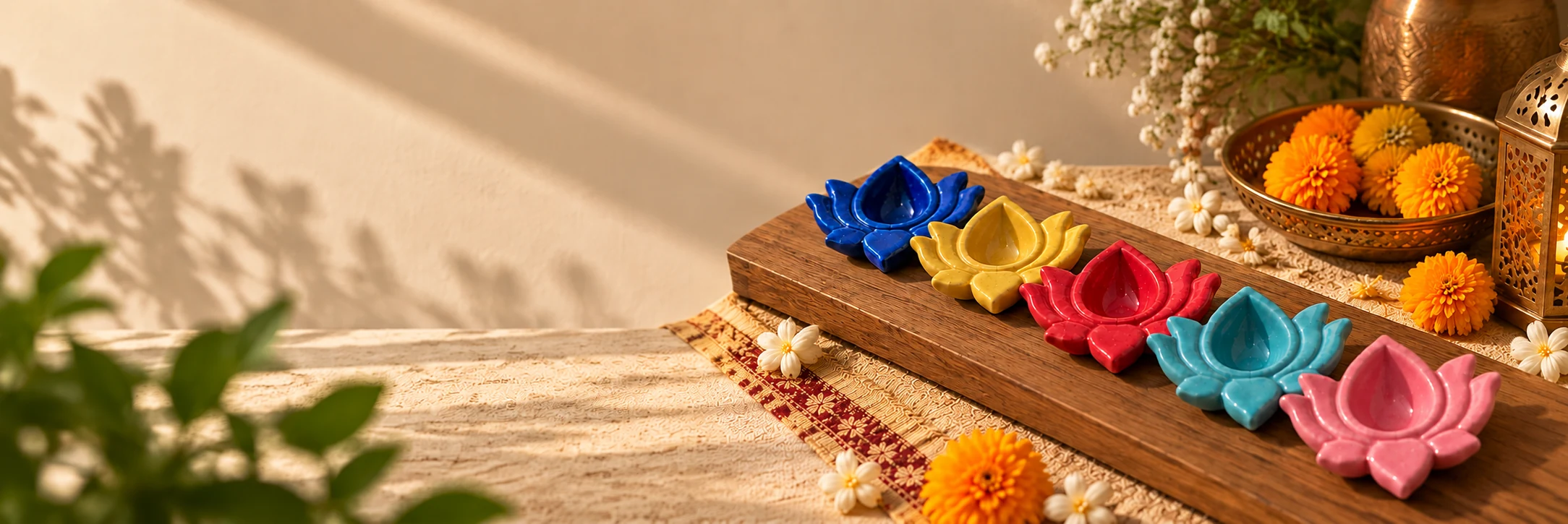 Colourful ceramic lotus diyas for Diwali gifts by ArtyCera India