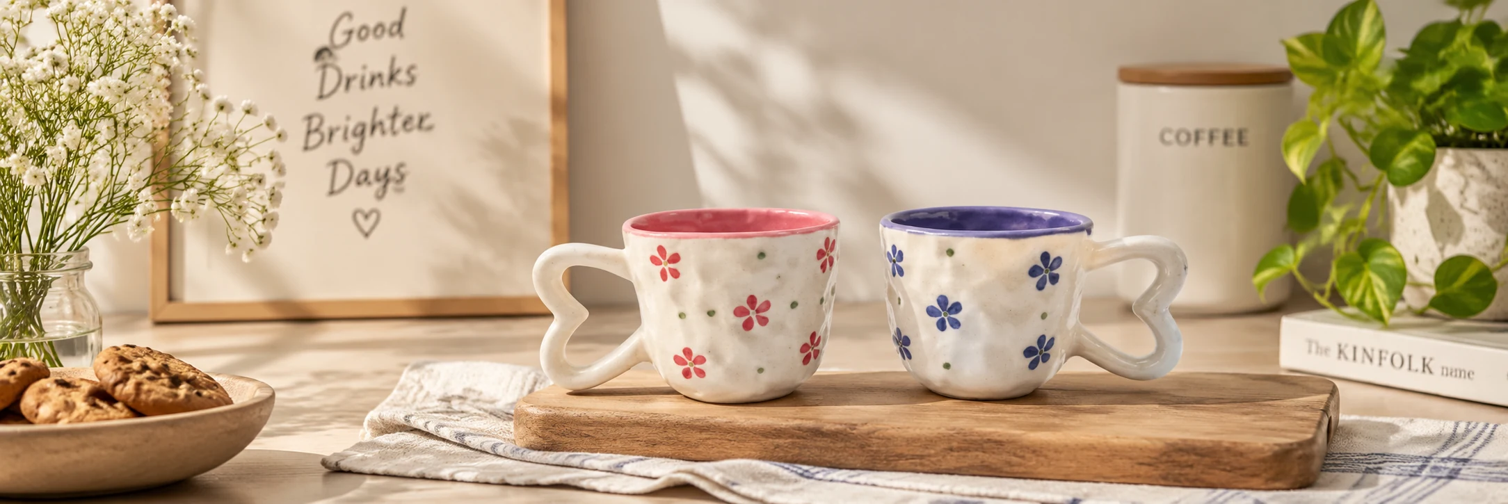 Handmade floral ceramic mugs with heart handles by ArtyCera for the Drinkware collection in India