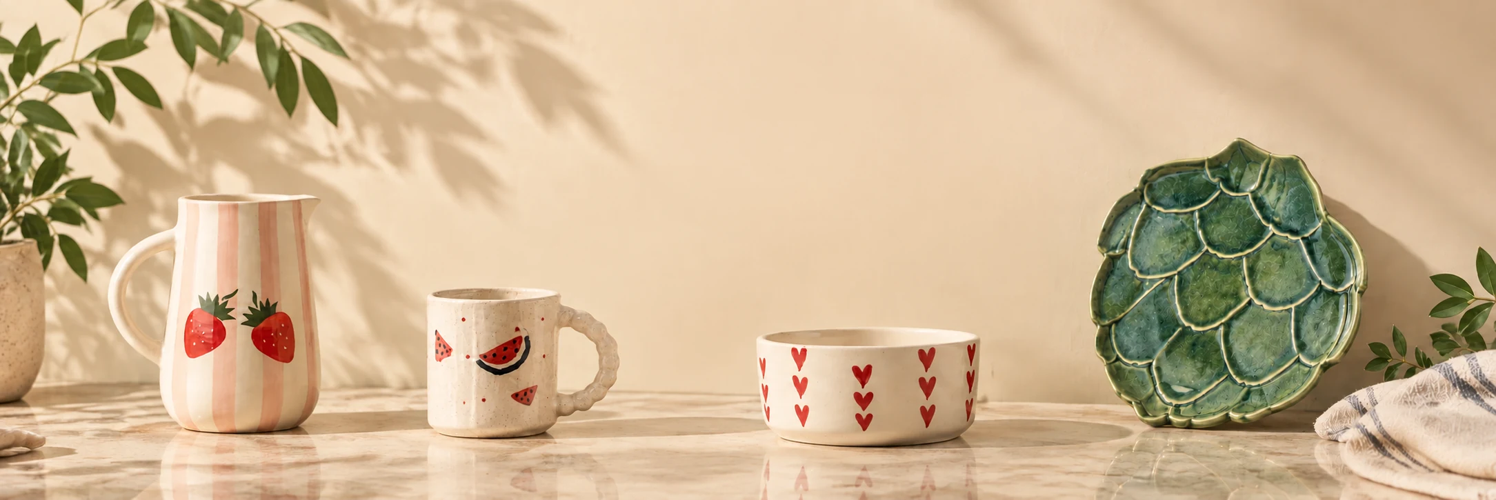 ArtyCera handmade ceramic tableware collection featuring a jug, mug, bowl and serving platter in India
