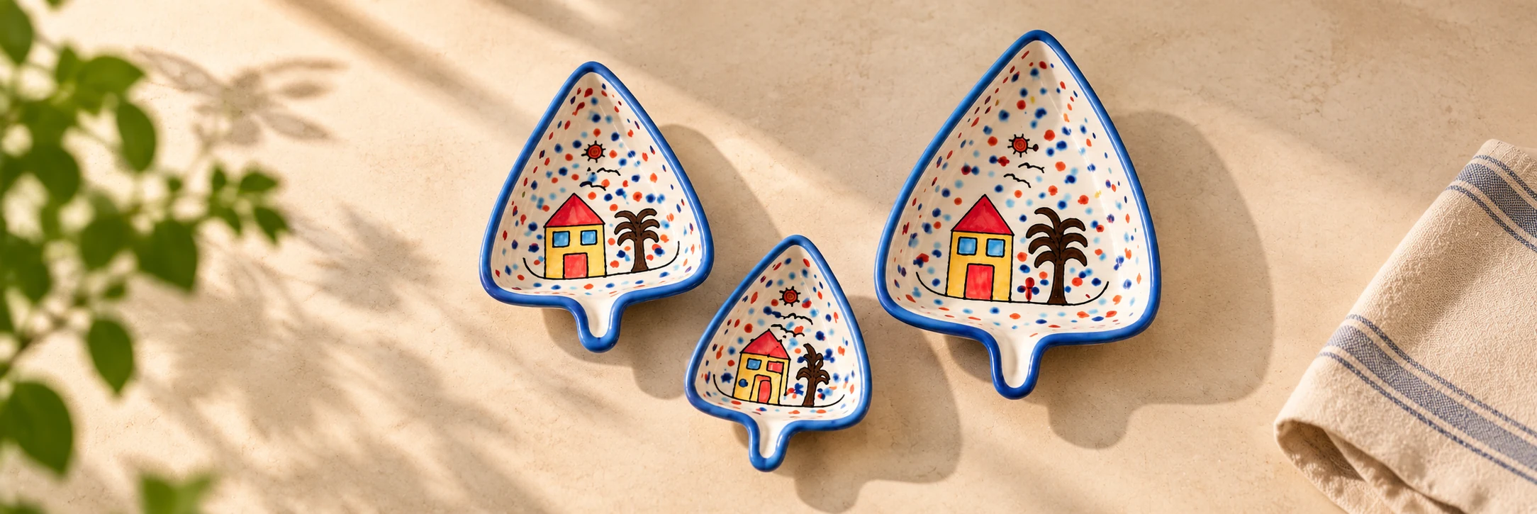 Handpainted ceramic kitchen essentials with blue rim and colourful house design by ArtyCera India