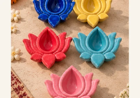 Handmade ceramic lotus diya set of 5 in blue, yellow, red, green and pink for Diwali decoration and gifting