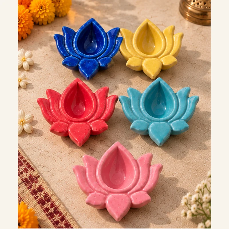 Handmade ceramic lotus diya set of 5 in blue, yellow, red, green and pink for Diwali decoration and gifting