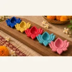 Colourful handmade ceramic lotus diya set for Diwali gifting, festive decoration and pooja