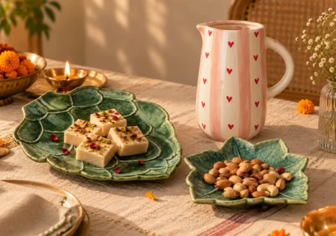 Diwali gift ideas featuring handmade ceramic serving platters and a heart-pattern ceramic jug with sweets, dry fruits and festive diyas