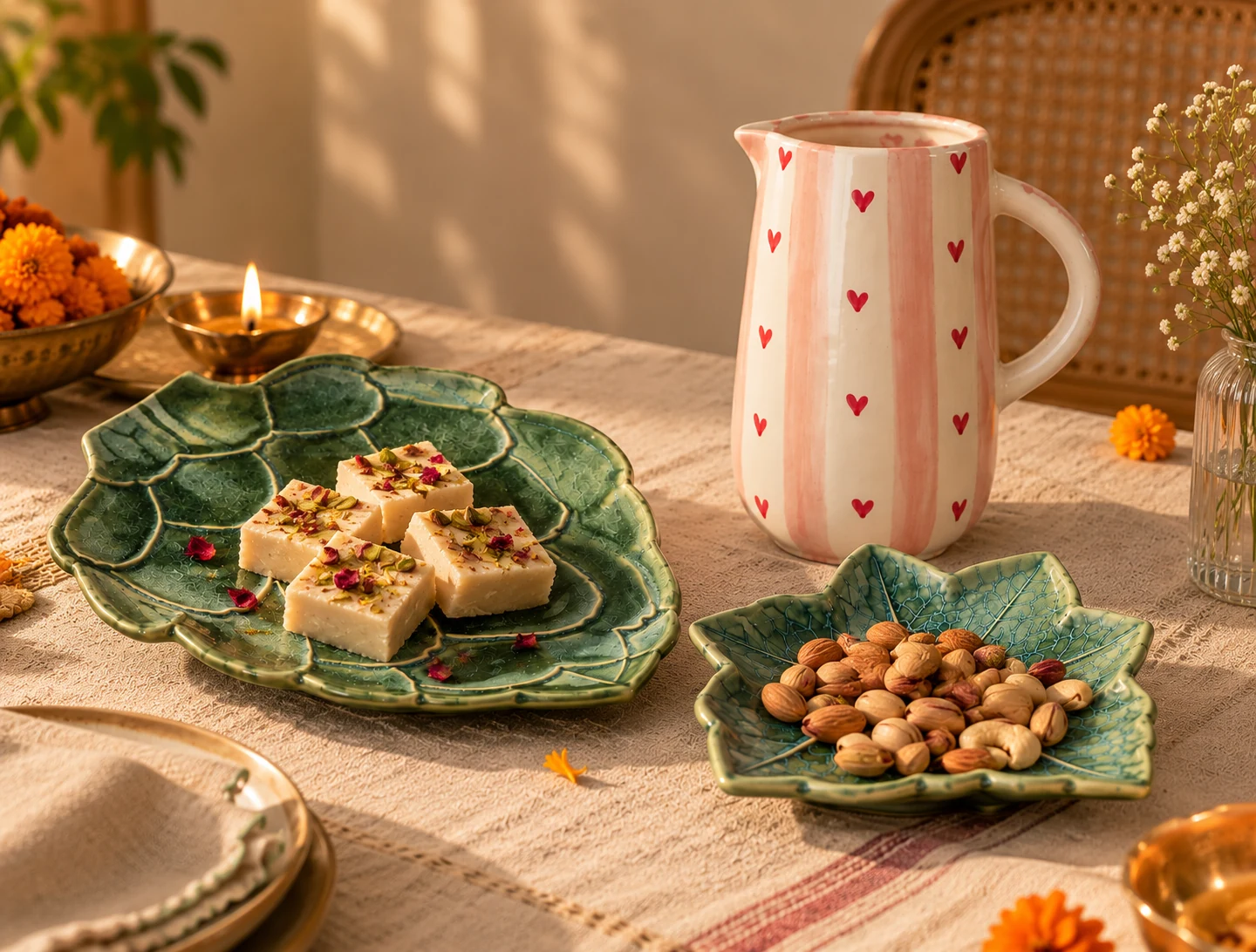 Diwali gift ideas featuring handmade ceramic serving platters and a heart-pattern ceramic jug with sweets, dry fruits and festive diyas