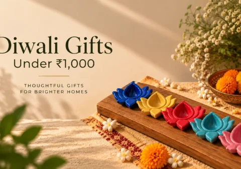 Diwali gifts under ₹1,000 featuring colourful handmade ceramic lotus diyas by ArtyCera