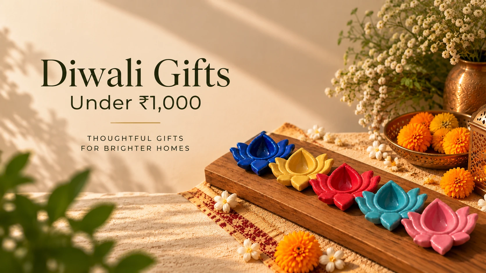 Diwali gifts under ₹1,000 featuring colourful handmade ceramic lotus diyas by ArtyCera