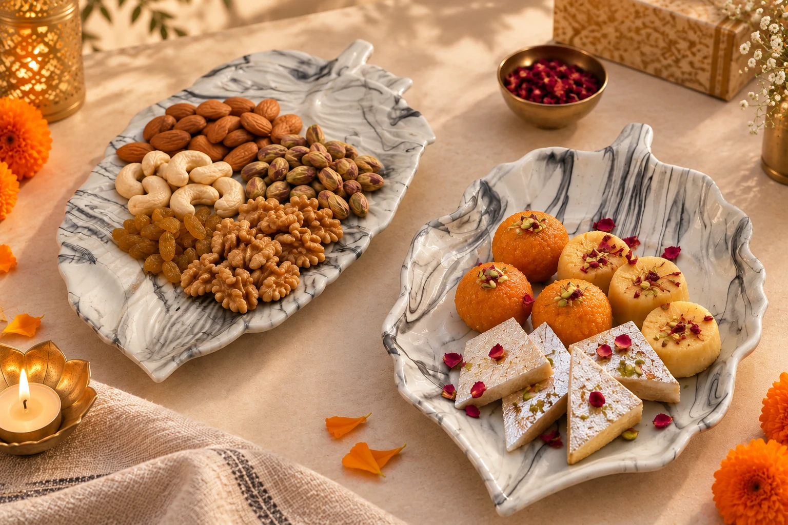 Italian marble finish ceramic serving platters with Diwali mithai and dry fruits on a festive table