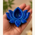 Blue handmade ceramic lotus diya with handcrafted glazed finish for Diwali